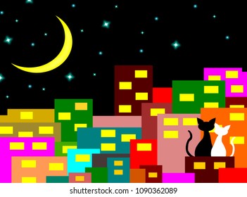 two cats in love sitting on the building with Crescent Moon at night,lover couple,vector.	