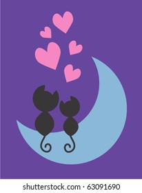 two cats in love sitting on the moon