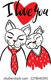 Two cats in love. symbolic picture of valentines day. Vector hand drawn doodle line illustration in black white and red colors