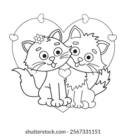 Two cats lovers valentine coloring page for Kids