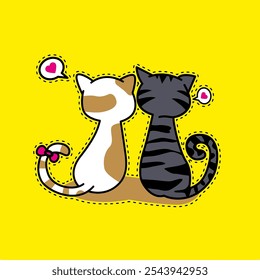 Two cats loving each other, one white with beige spots and a pink bow on its tail and the other gray with black stripes on a yellow background. 
