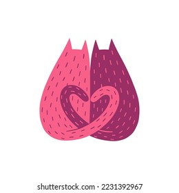 Two cats make heart of tails. Couple of loving cats, back view. Valentine’s day concept illustration. Vector clipart for greeting cards, wedding invitations, party, birthday cards.