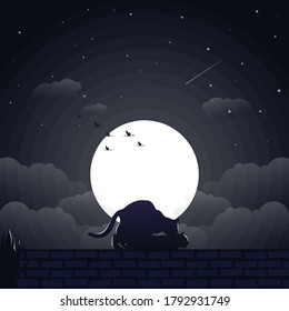 Dos gatos están haciendo el amor en la noche oscura con la luna grande y las estrellas. ilustración vectorial con silueta asombrosa