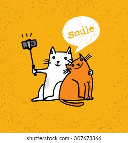 Two Cats Making Photo Using Selfie Stick. Funny Animal Illustration On Distressed Background