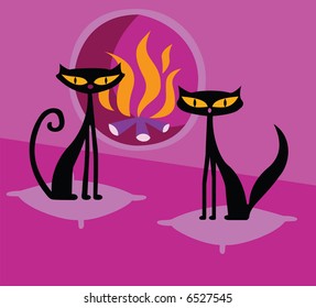Two Cats near the Fireplace. Vector Illustration