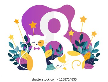 Two cats on the background of the figure eight. Poster for the holiday.

