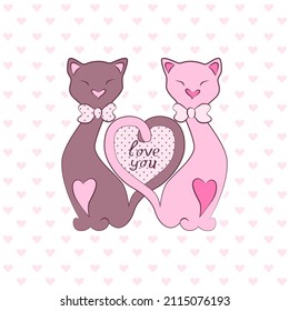 two cats on a background with hearts. greeting card. vector