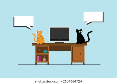 Zwei Katzen auf dem Schreibtisch, Cartoon-Charakter-Stil, Computerbildschirm, Sprachblasen, blauer Hintergrund, Vektorgröße.