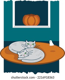 Two cats on a mat disturbed by a ghostly mouse