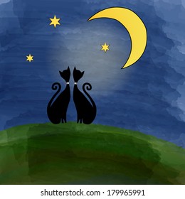 two cats on a meadow under the moon, illustration in vector format