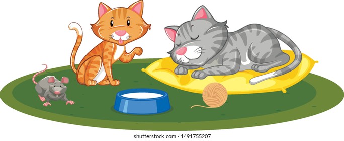 Two cats and one mouse playing illustration