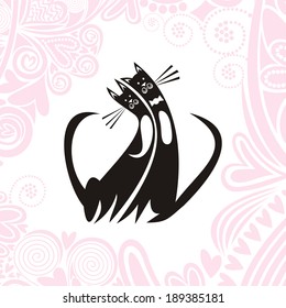 Two cats pair love hearts romantic background valentines day card vector illustration