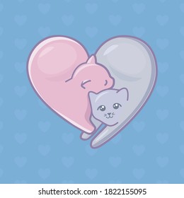 Two cats  pink   grey  lay together as heart form blue background