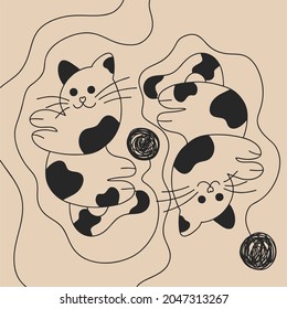 Two cats play with a skein of wool on a light background. Vector illustration, retro, hand-drawn.