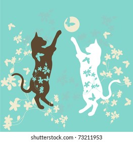 Two cats playing with a ball - floral funny vector background