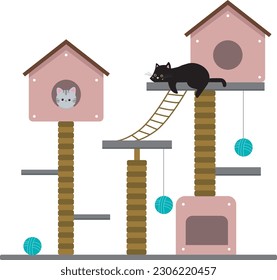 Two cats playing in a cat playground