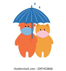 Dos gatos con máscaras protectoras bajo un paraguas. Pareja enamorada
