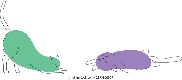 Two Cats is purple and green color. Cat Simple Contour Drawing. Line and spot Kitten Portrait. Vector EPS 10.