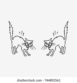 Two cats ready to fight with raised tails. Hand drawn vector illustration. Black and white drawing