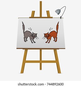 Two cats ready to fight with raised tails. Hand drawn vector illustration. Easel drawing