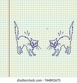 Two cats ready to fight with raised tails. Hand drawn vector illustration. Ball pen drawing