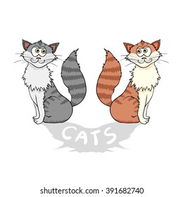 Two cats - red and grey, sits. Shadow of cats. Illustration isolated on a white background. Vector image.