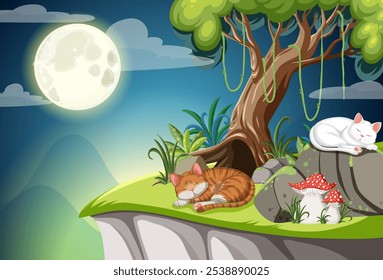 Two cats rest peacefully beneath a glowing moon