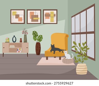 Two cats resting in a cozy modern living room interior. Apartment with yellow armchair, house plants, and minimalist decor. Comfortable home environment, pet lifestyle and relaxation.