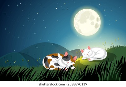 Two cats resting under a bright full moon