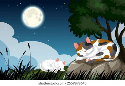 Two cats resting under a full moonlit sky