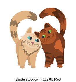 two cats rub against each other, tails like a heart. flat vector illustration isolated on white background