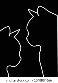 two cats silhouette on black background white line 