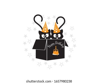 Two cats silhouettes in box for happy birthday, funny illustration, vector, cartoon, children wall decals, kids wall artwork isolated on white background, minimalist poster design