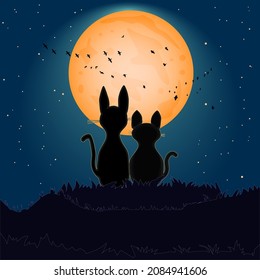 Two Cats Silhouettes On Fullmoon Background. Romantic Love Cats Under Night Sky With Many Stars And Orange Moon. Couple Cats Sitting On Hill And Looking To Moonlight.Valentines Day.Vector Illustration