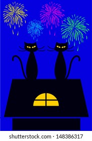 two cats in silhouettes sitting on the top of the roof watching fireworks, cartoon vector illustration