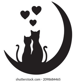 Two cats silhouettes sitting on the moon, vector. Cartoon character. Wall decals, artwork, minimalist wall art