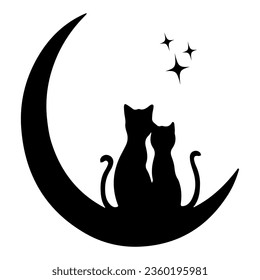 Two cats silhouettes sitting on the moon. Cartoon character. Wall decals, artwork, minimalist art. Vector illustration