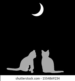 Two cats sit at night in the moonlight. Black and white banner with contour illustration and place for an inscription. Cute vector illustration.