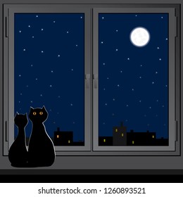 Dos gatos se sientan en la ventana y miran la ciudad de la noche. Ilustración vectorial.