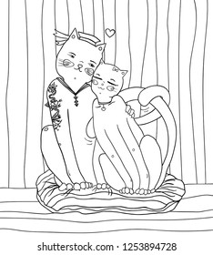 two cats sit together and hug, after a long separation. vector contour illustration