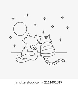 Two cats sit under the moon. Kissing cats, illustration for Valentine's Day. Cats in love. Animals. Night with stars, line art vector for print on things. Romantic evening with her. Back View.