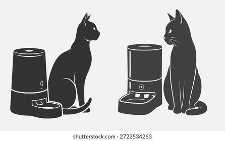 Dois gatos sentados ao lado de alimentadores automáticos de animais de estimação, um com uma bandeja de comida e o outro com uma tigela.