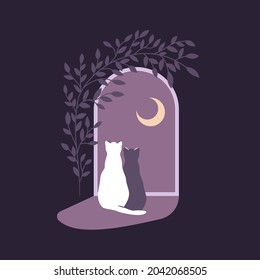 Two cats sitting in front of a window, looking at the sky with crescent moon. Magic romantic night scene. Cats silhouette for printing on cards, wall, T-shirt, social media post and stories.