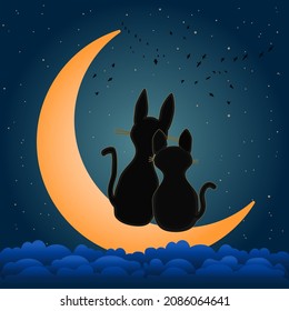 Two cats sitting on the crescent moon. Yellow moon and romance cats on starry night sky background.In love kittens couple silhouettes.Valentines Day card. Pair of nice kitty. Stock vector illustration