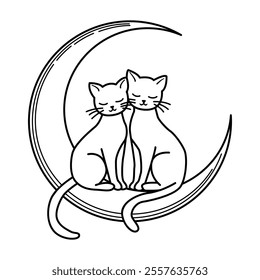 Two Cats Sitting on a Crescent Moon Line Art Style