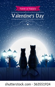 Two cats sitting on a fence looking at the fool moon, street lights, valentines day card.