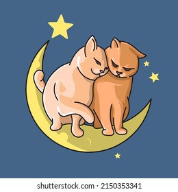 Two cats sitting on the moon, surrounded by stars vector. Cartoon character. Wall decals, artwork, minimalist wall art, poster design 