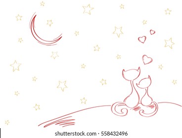 Two cats sitting on a moonlit night under the stars. Simple vector drawing of cats from lines on a white background.