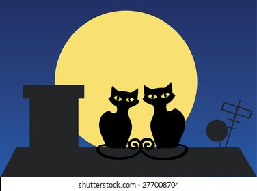 Two cats sitting on a roof at night, with full moon behind them. Vector illustration.