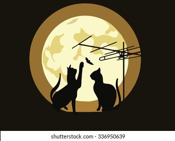 Two cats sitting on a roof at night, with full moon behind them. Vector illustration.